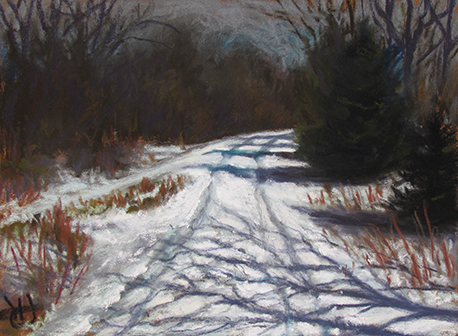 pastel painting of snowy winter road at night, by John Hulsey